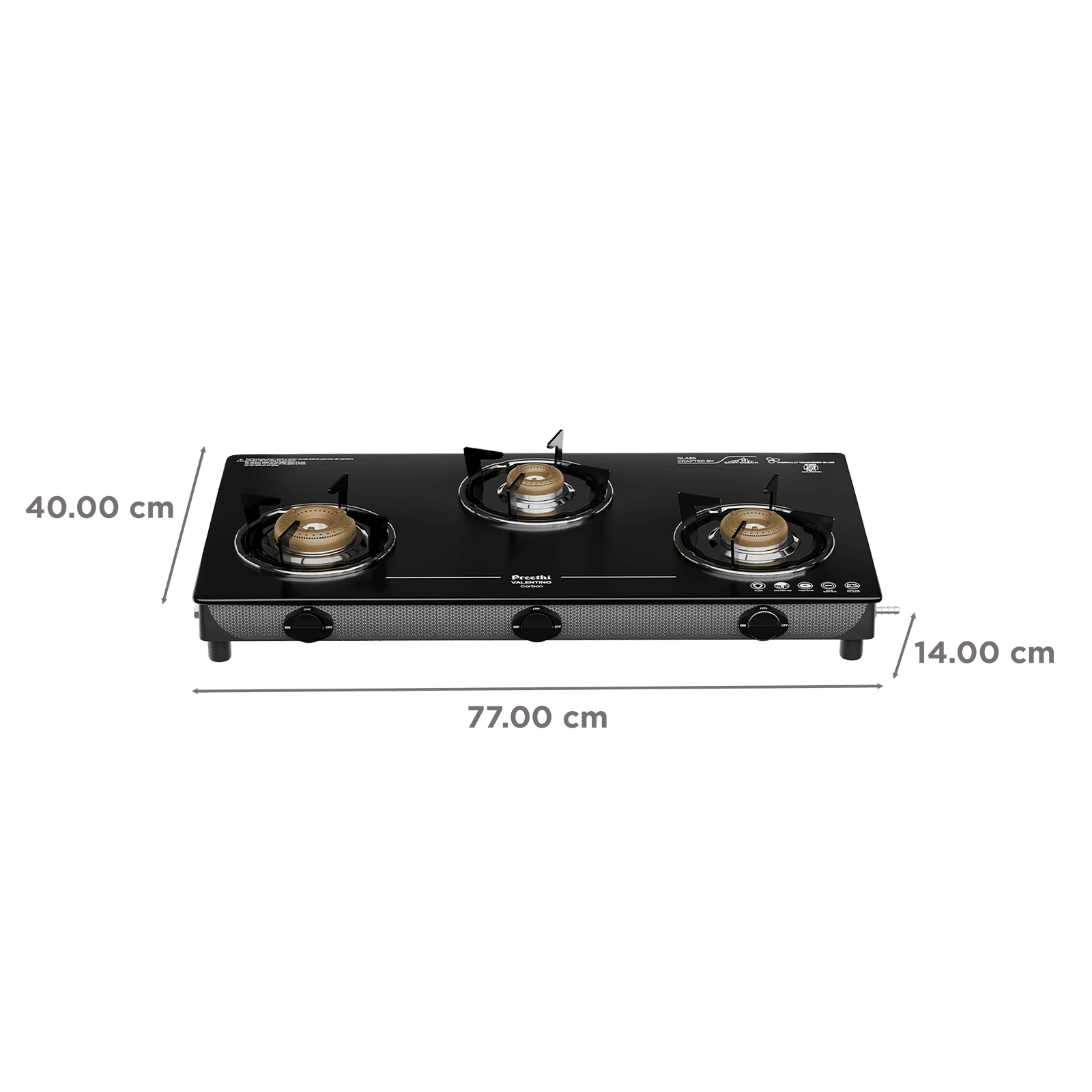 Preethi Valentino Carbon Tempered Glass Top 3 Burner Manual Gas Stove (ISI Certified, Black)_2