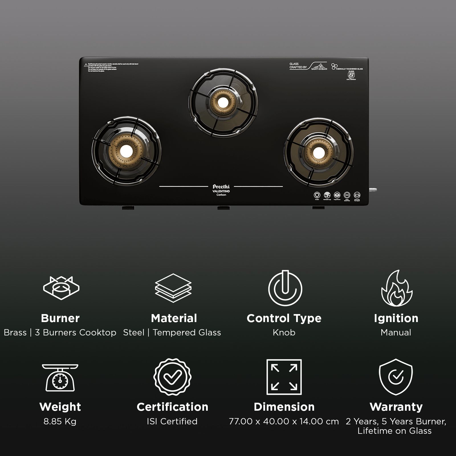 Preethi Valentino Carbon Tempered Glass Top 3 Burner Manual Gas Stove (ISI Certified, Black)_3
