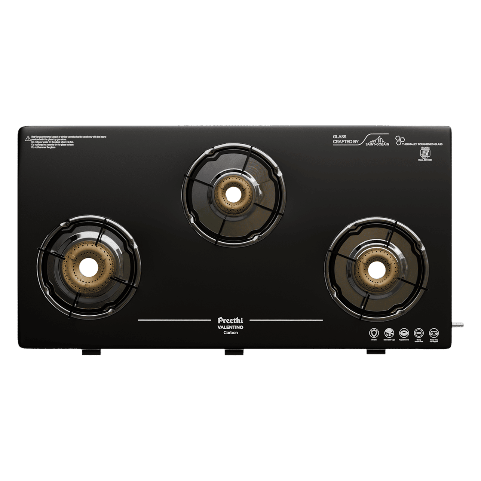 Preethi Valentino Carbon Tempered Glass Top 3 Burner Manual Gas Stove (ISI Certified, Black) Preethi Valentino Carbon Tempered Glass Top 3 Burner Manual Gas Stove (ISI Certified, Black)_2