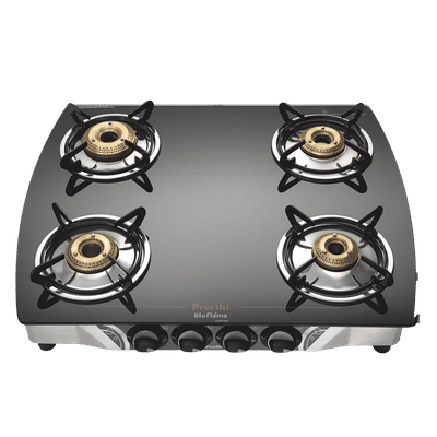 Preethi Bluflame Jumbo Toughened Glass Top 4 Burner Manual Gas Stove (ISI Certified, Balck)