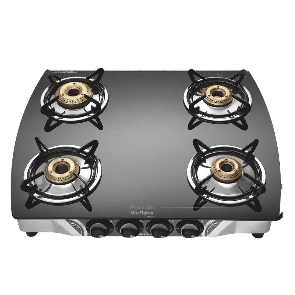 Preethi Bluflame Jumbo Toughened Glass Top 4 Burner Manual Gas Stove (ISI Certified, Balck) Preethi Bluflame Jumbo Toughened Glass Top 4 Burner Manual Gas Stove (ISI Certified, Balck)_1