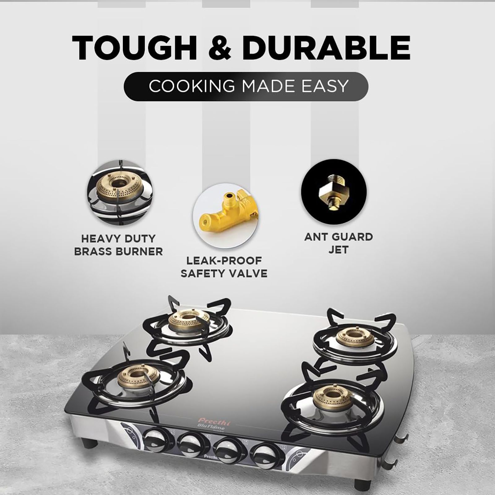 Preethi Bluflame Jumbo Toughened Glass Top 4 Burner Manual Gas Stove (ISI Certified, Balck) Preethi Bluflame Jumbo Toughened Glass Top 4 Burner Manual Gas Stove (ISI Certified, Balck)_4