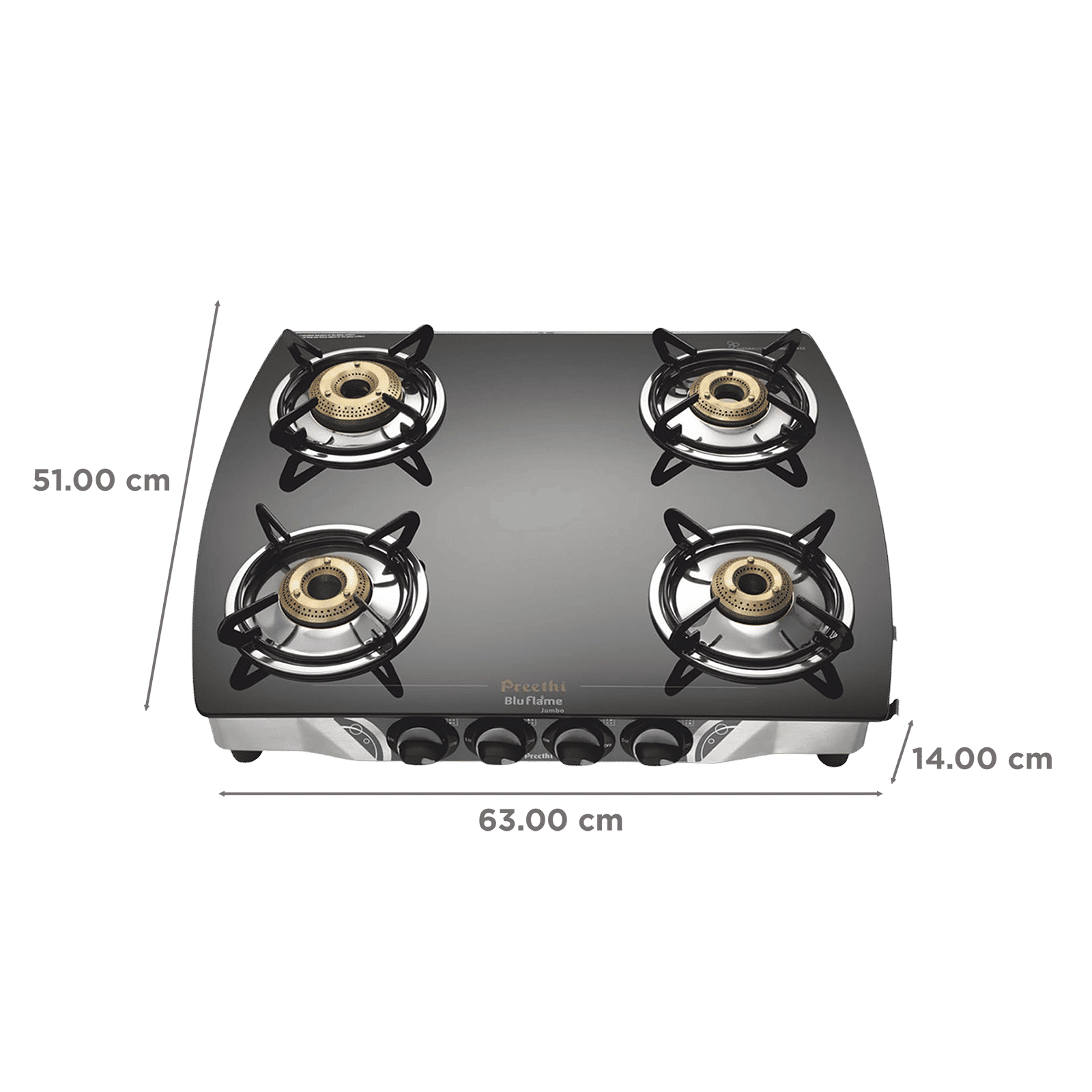 Preethi Bluflame Jumbo Toughened Glass Top 4 Burner Manual Gas Stove (ISI Certified, Balck)_2
