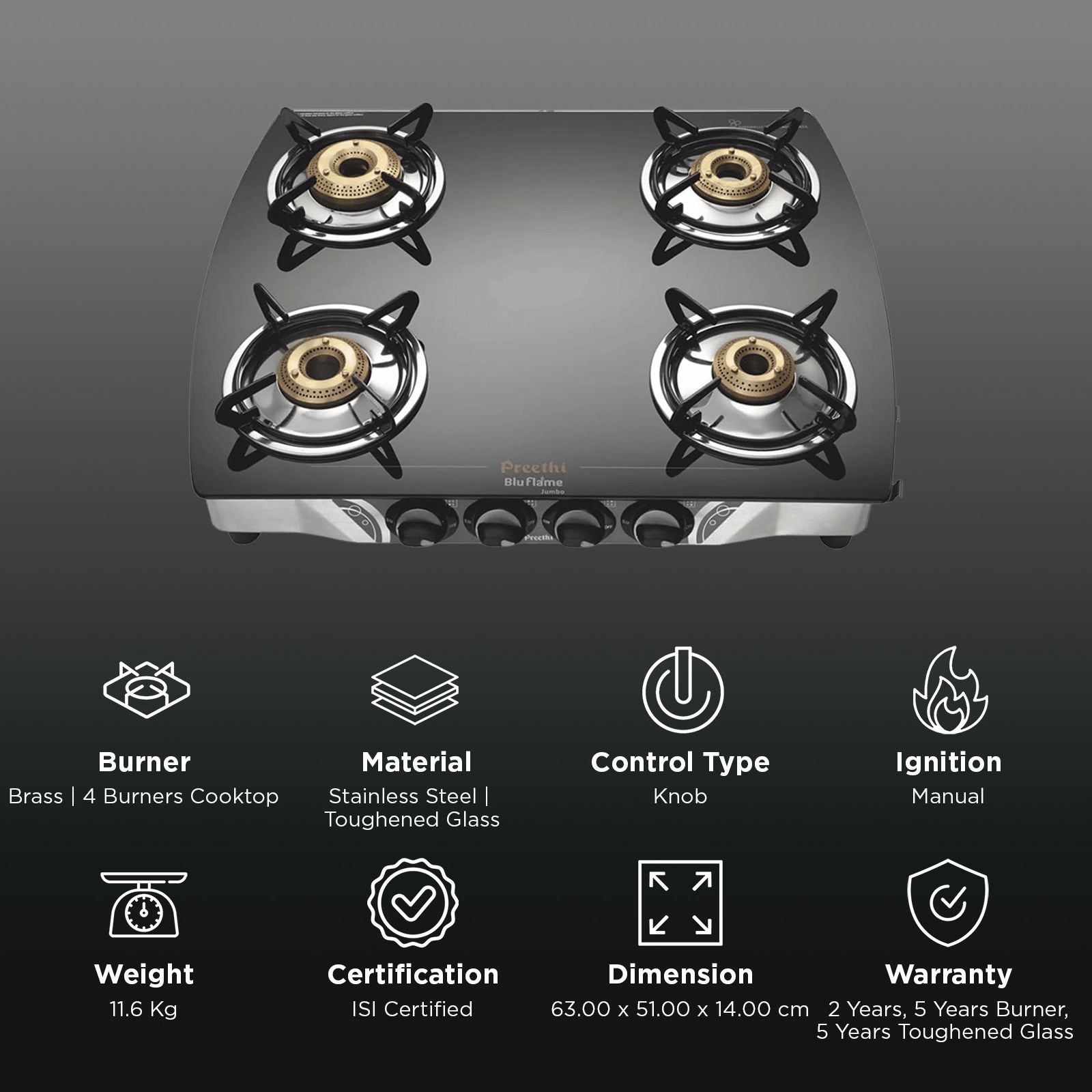 Preethi Bluflame Jumbo Toughened Glass Top 4 Burner Manual Gas Stove (ISI Certified, Balck)_3