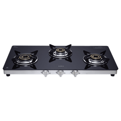 elica SAPPHIRE Series Toughened Glass Top 3 Burners Manual Gas Stove (Double Drip Tray Design, Black)