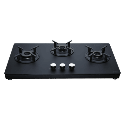 elica SBF MATT LOTUS TKN 773 CT VETRO BK Toughened Glass Top 3 Burner Manual Gas Stove (Cast Iron Pan Support, Black)