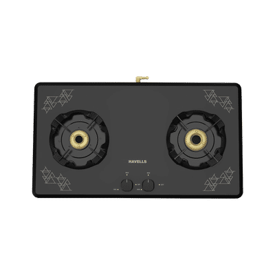 Havells Nucleus Toughened Glass Top 2 Burner Manual Gas Stove (Heavy Duty Brass Burner, Black)