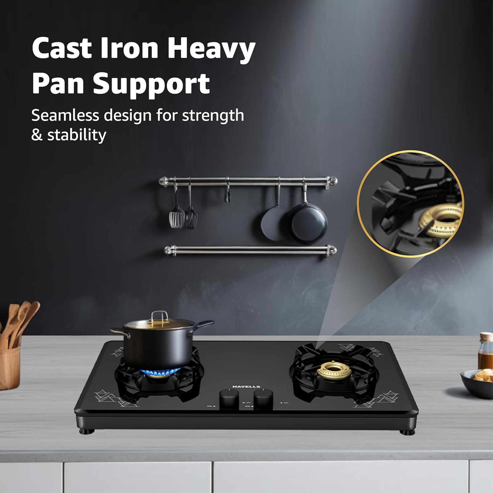 Havells Nucleus Toughened Glass Top 2 Burner Manual Gas Stove (Heavy Duty Brass Burner, Black)_8