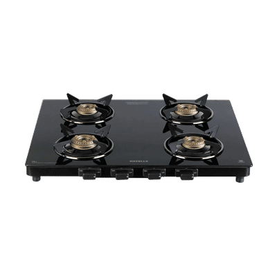 Havells Calore Toughened Glass Top 4 Burner Manual Gas Stove (Heavy Duty Brass Burner, Black)