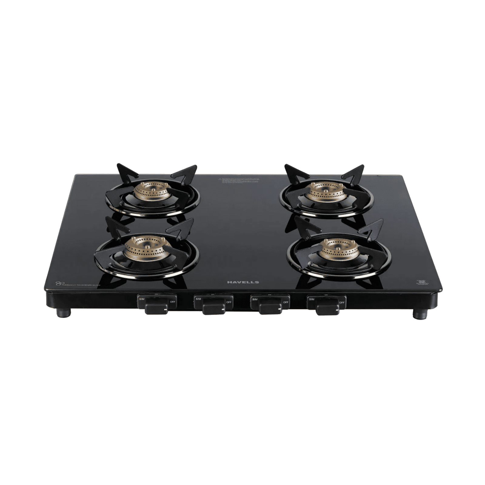 Havells Calore Toughened Glass Top 4 Burner Manual Gas Stove (Heavy Duty Brass Burner, Black) Havells Calore Toughened Glass Top 4 Burner Manual Gas Stove (Heavy Duty Brass Burner, Black)_1