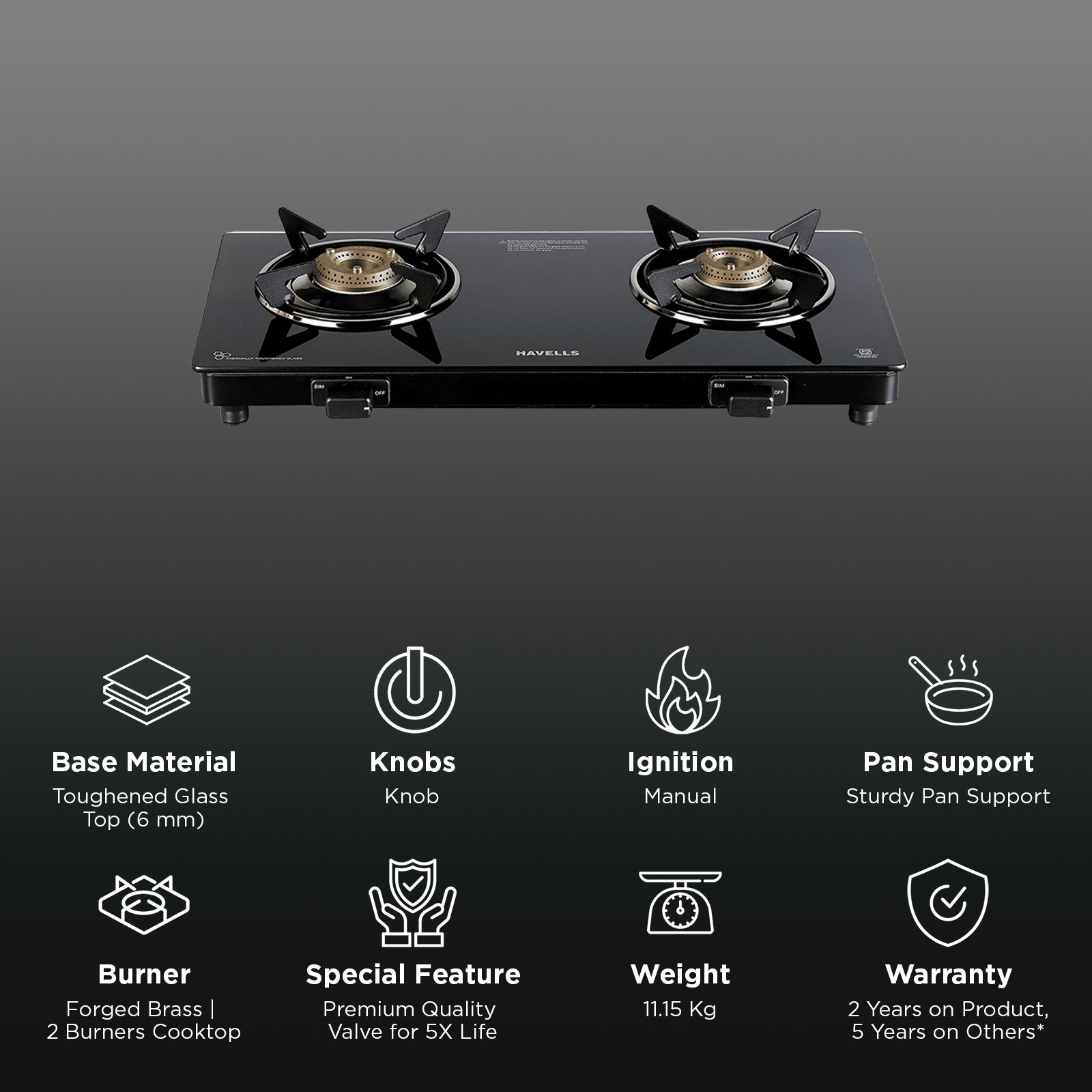 Havells Calore Toughened Glass Top 2 Burner Manual Gas Stove (Heavy Duty Brass Burner, Black) Havells Calore Toughened Glass Top 2 Burner Manual Gas Stove (Heavy Duty Brass Burner, Black)_2