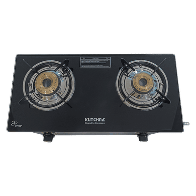 Kutchina CT ECO 2B Toughened Glass Top 2 Burner Manual Gas Stove (Euro Coated Thick Pan Support, Black)
