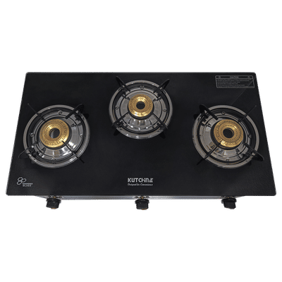 Kutchina CT ECO 3B Toughened Glass Top 3 Burner Manual Gas Stove (Euro Coated Thick Pan Support, Black)