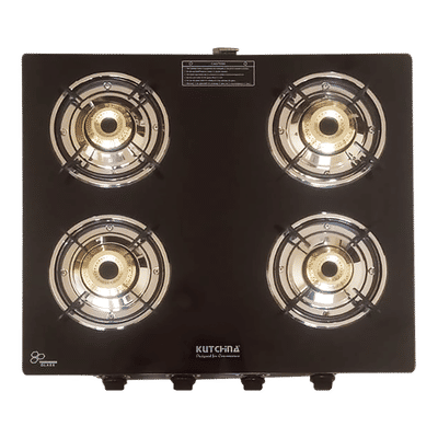 Kutchina CT ECO 4B Toughened Glass Top 4 Burner Manual Gas Stove (Euro Coated Thick Pan Support, Black)