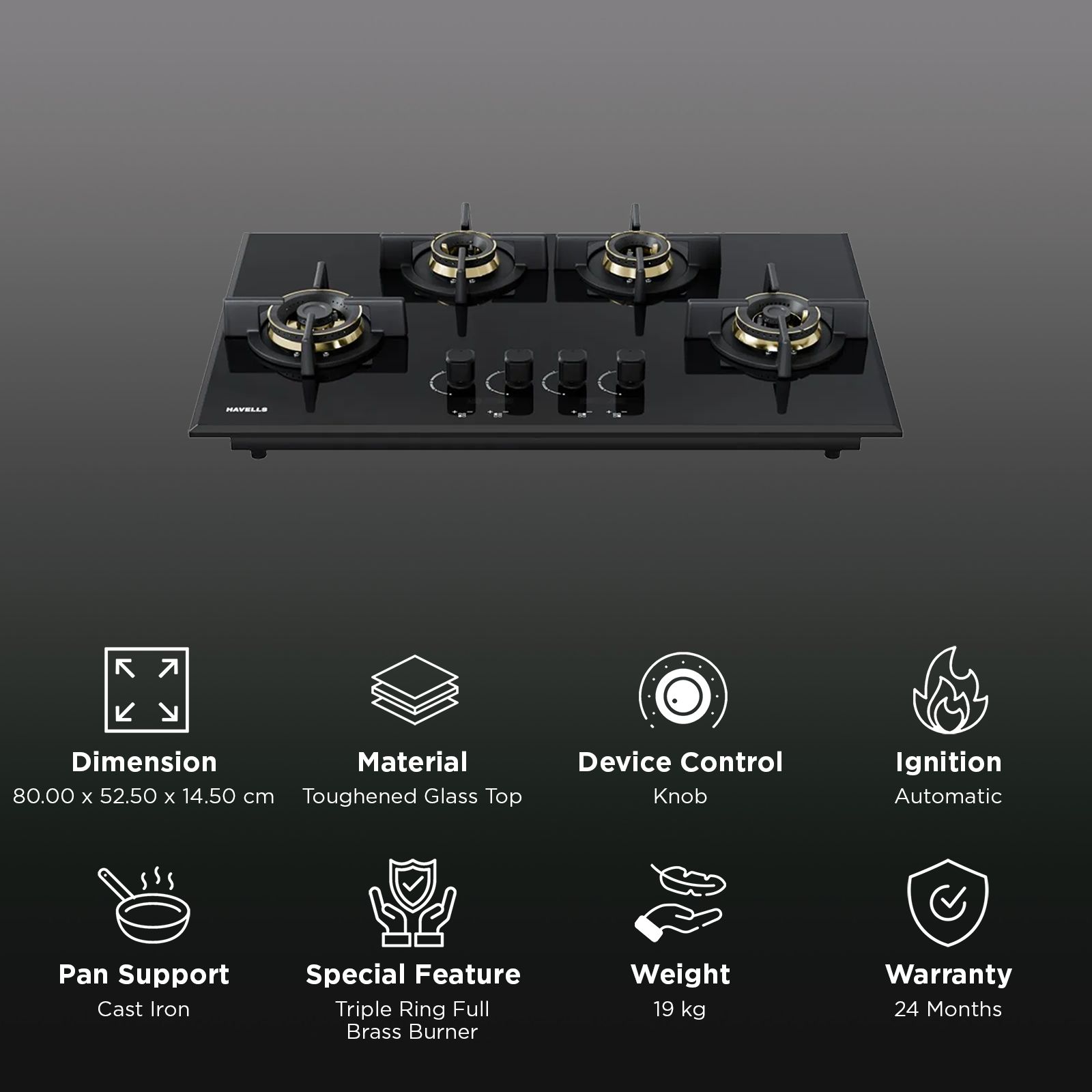 Havells Centuro Timer 4B 80 T AI Timer Toughened Glass Top 4 Burner Automatic Hob (Precise Flame Control, Black) Havells Centuro Timer 4B 80 T AI Timer Toughened Glass Top 4 Burner Automatic Hob (Precise Flame Control, Black)_3