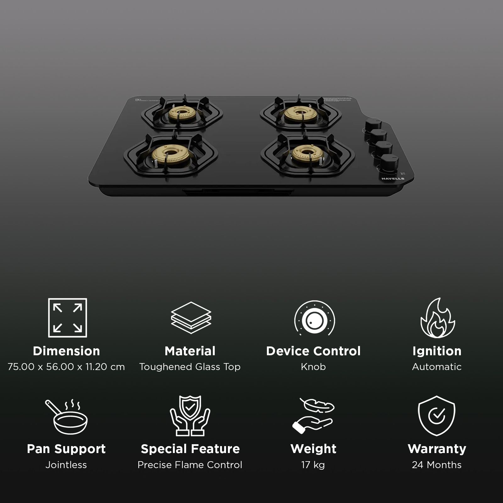 Havells Hexa Toughened Glass Top 4 Burner Automatic Gas Stove (Jointless Pan Support, Black) Havells Hexa Toughened Glass Top 4 Burner Automatic Gas Stove (Jointless Pan Support, Black)_3
