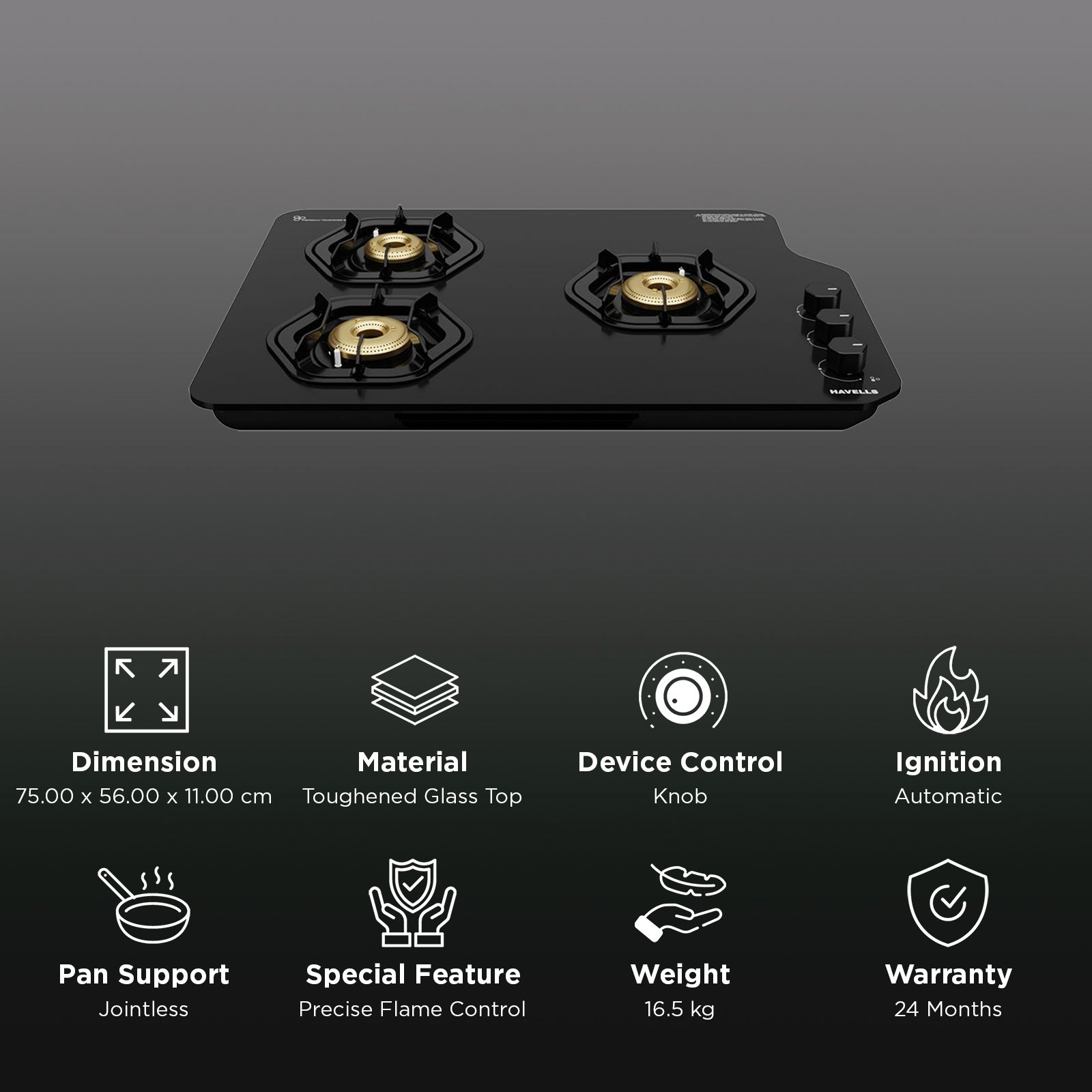 Havells Hexa Toughened Glass Top 3 Burner Automatic Gas Stove (Jointless Pan Support, Black)_3