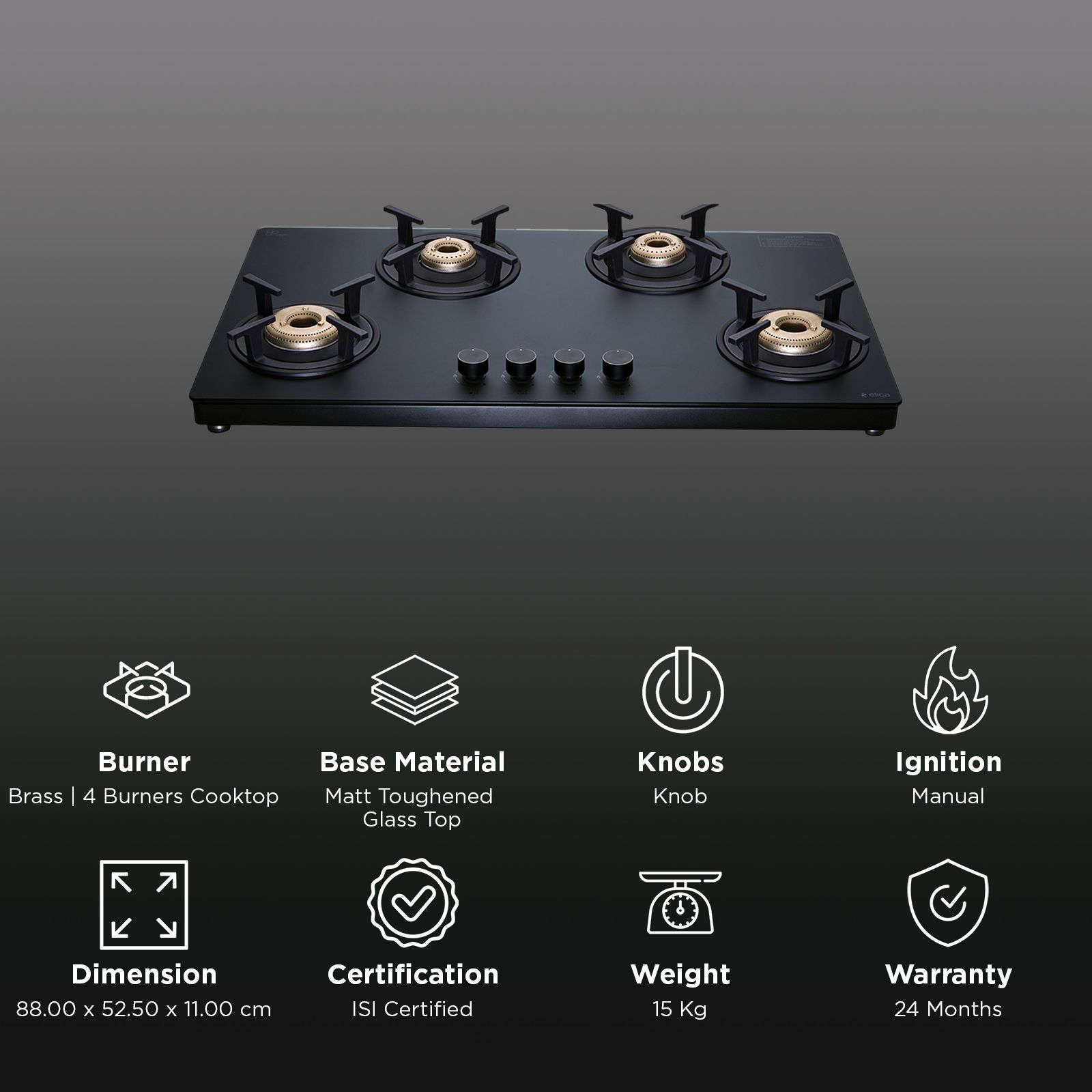 Elica MATT TKN 904 CT VETRO 2J BK SERIES Toughened Glass Top 4 Burner Manual Gas Stove (Ultra Slim Frame, Black) Elica MATT TKN 904 CT VETRO 2J BK SERIES Toughened Glass Top 4 Burner Manual Gas Stove (Ultra Slim Frame, Black)_3
