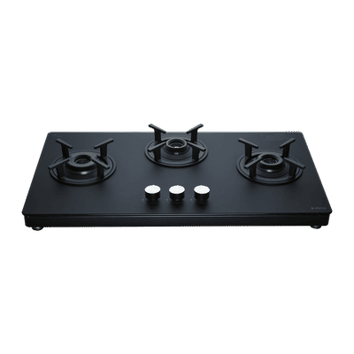 Elica SBF MATT LOTUS TKN 773 CT VETRO AI Toughened Glass Top 3 Burner Automatic Gas Stove (Sabaf Brass Burners, Black)