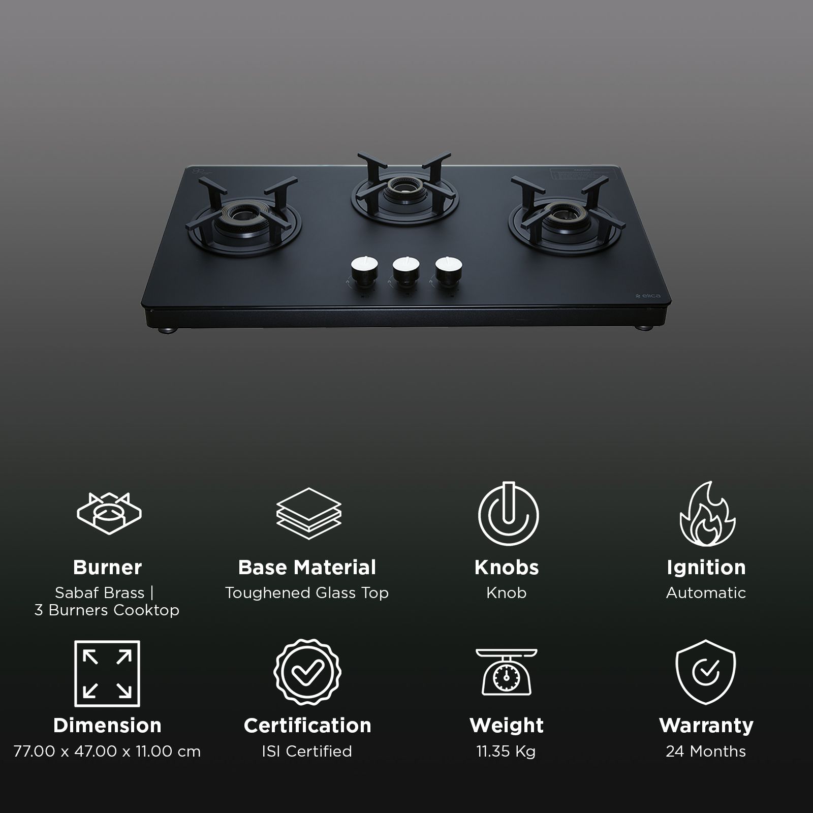 Elica SBF MATT LOTUS TKN 773 CT VETRO AI Toughened Glass Top 3 Burner Automatic Gas Stove (Sabaf Brass Burners, Black)_3