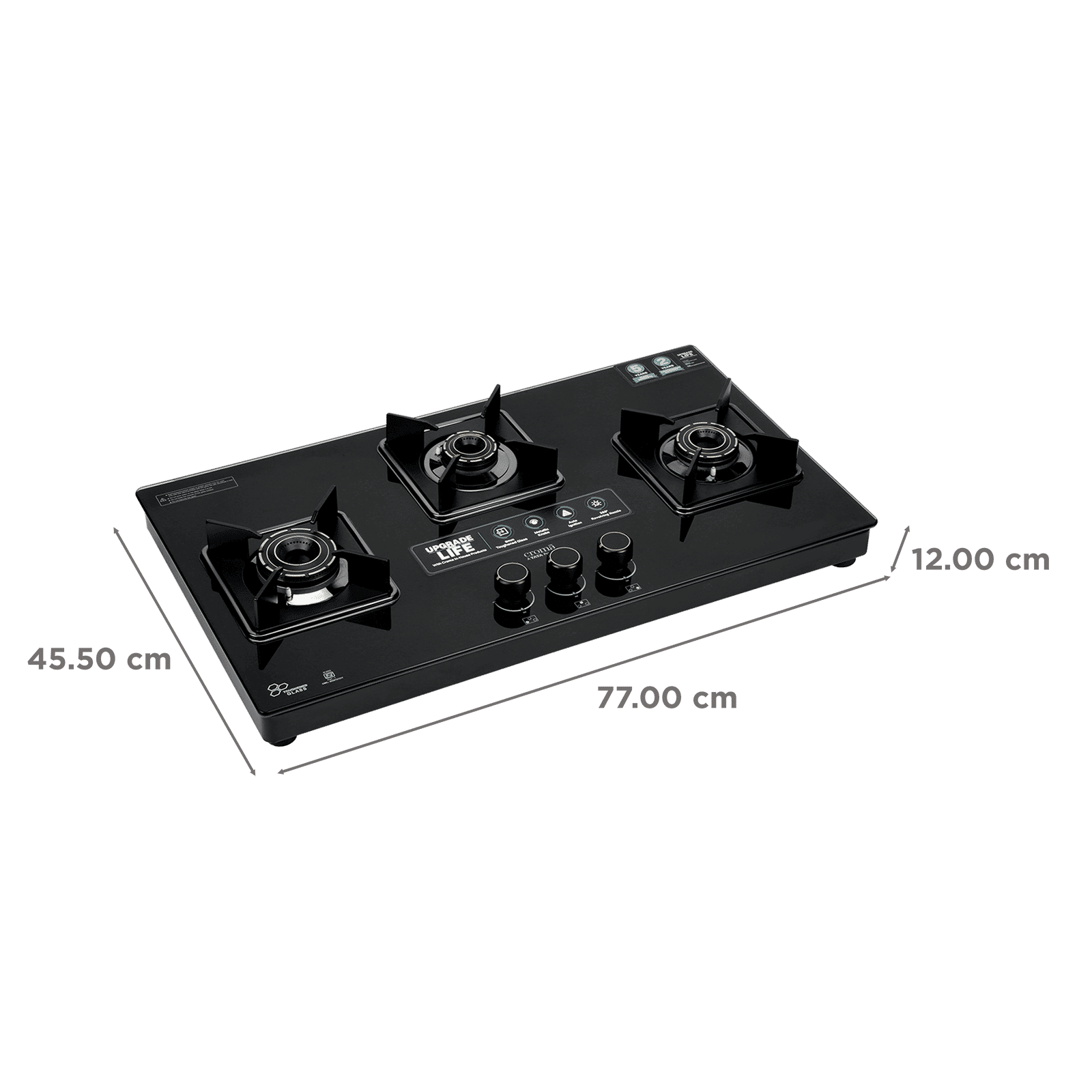 Croma Toughened Glass Top 3 Burner Automatic Hob (360 Degree Revolving Nozzle, Black)_2
