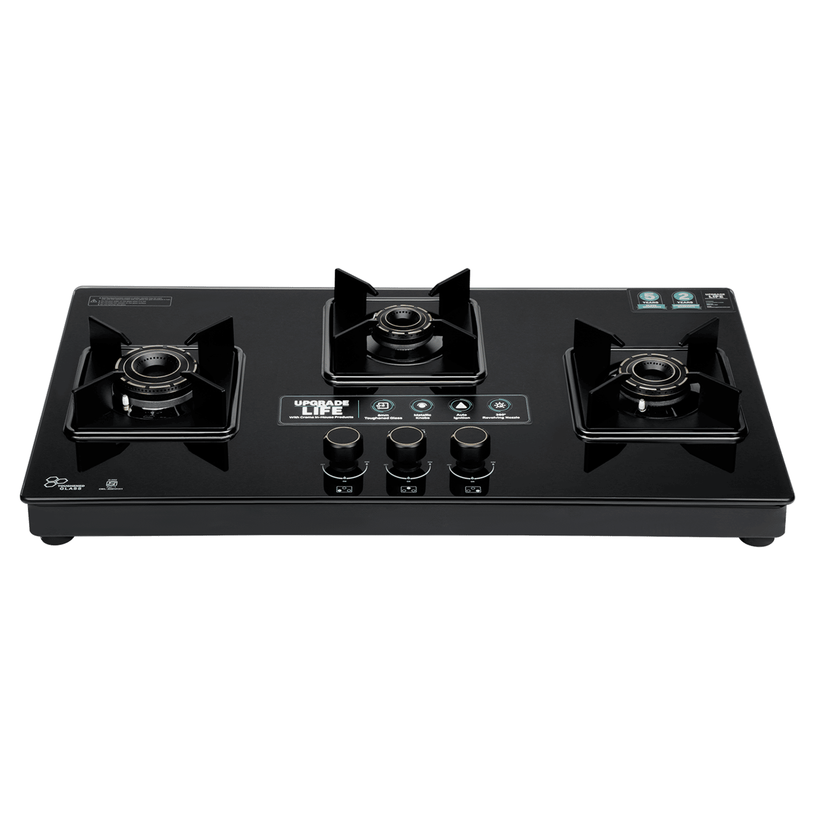 Croma Toughened Glass Top 3 Burner Automatic Hob (360 Degree Revolving Nozzle, Black)_6