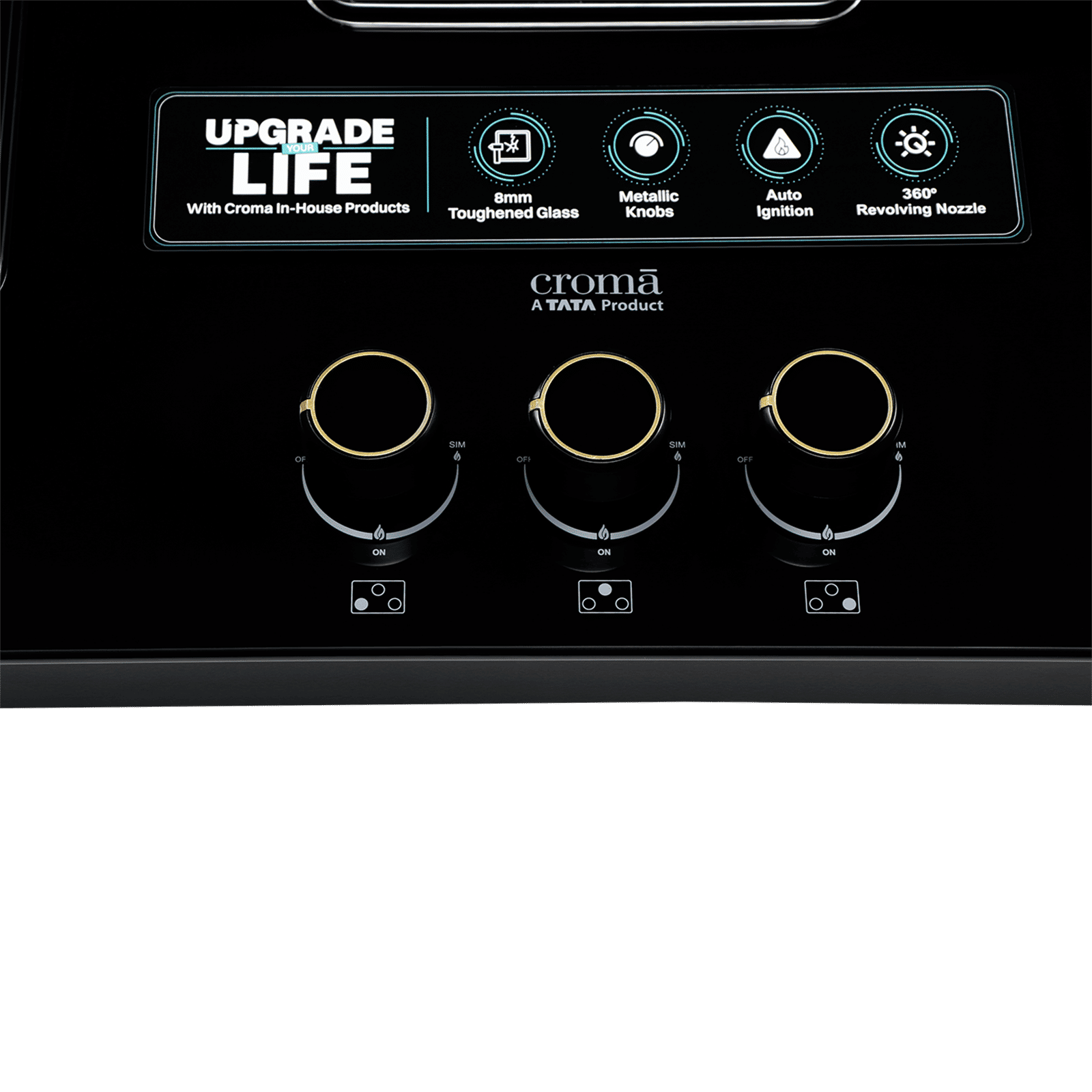 Croma Toughened Glass Top 3 Burner Automatic Hob (360 Degree Revolving Nozzle, Black)_8