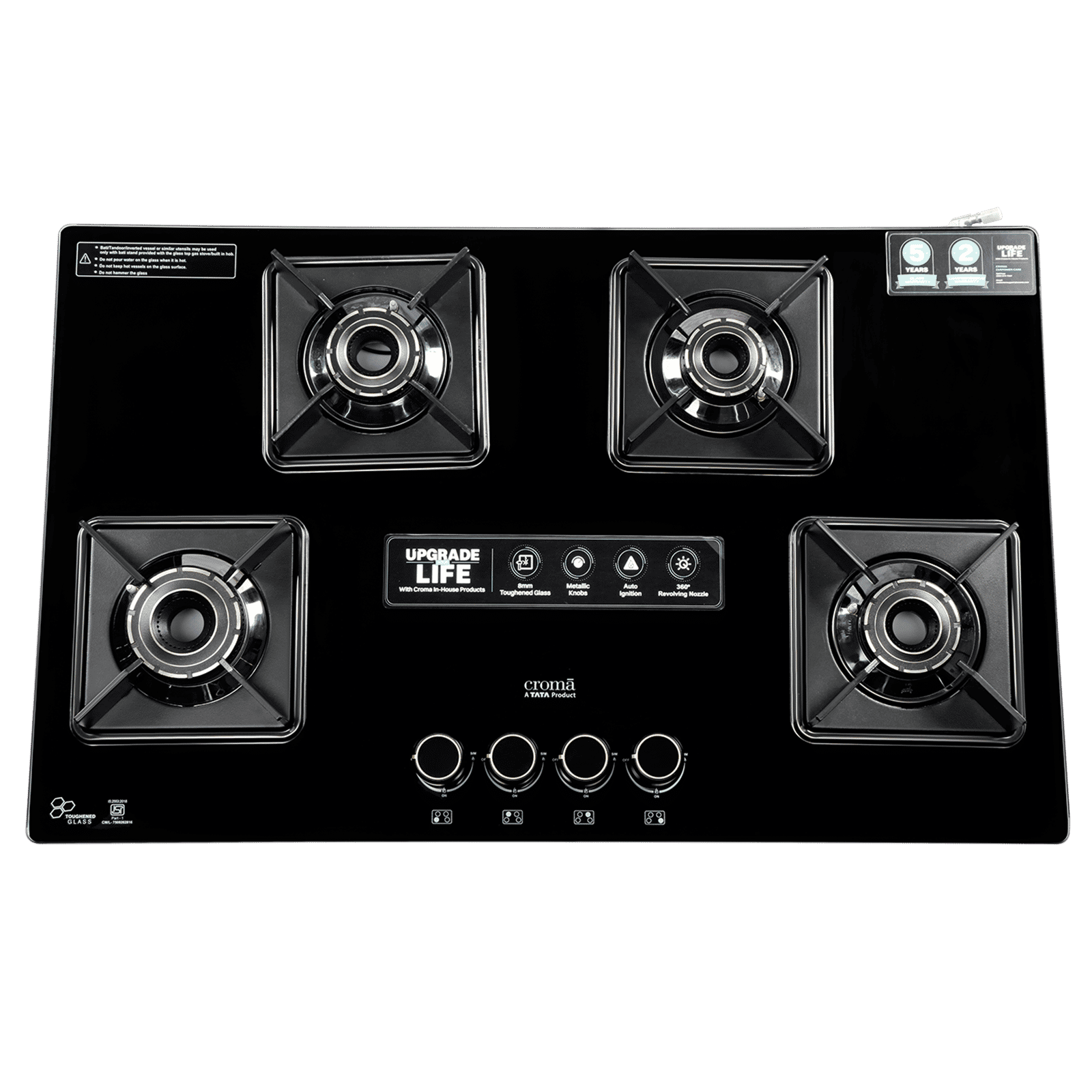 Croma Toughened Glass Top 4 Burner Automatic Hob (360 Degree Revolving Nozzle, Black) Croma Toughened Glass Top 4 Burner Automatic Hob (360 Degree Revolving Nozzle, Black)_1