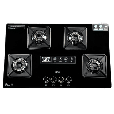 Croma Toughened Glass Top 4 Burner Automatic Hob (360 Degree Revolving Nozzle, Black)