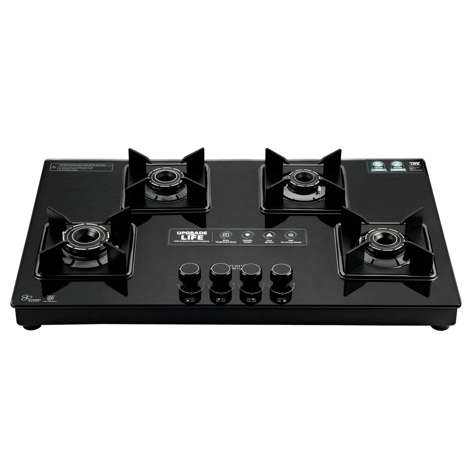 Croma Toughened Glass Top 4 Burner Automatic Hob (360 Degree Revolving Nozzle, Black) Croma Toughened Glass Top 4 Burner Automatic Hob (360 Degree Revolving Nozzle, Black)_6