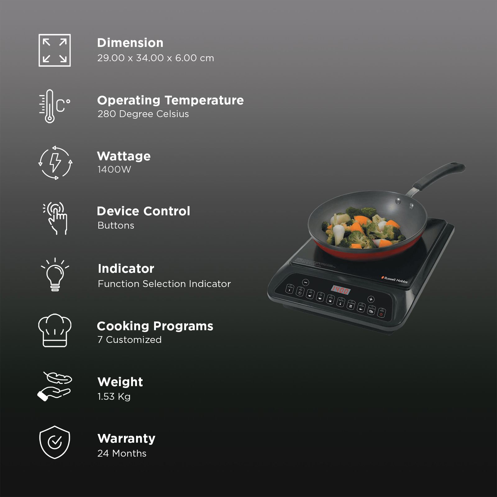Russell Hobbs Primo 1400W Induction Cooktop with 7 Preset Menus Russell Hobbs Primo 1400W Induction Cooktop with 7 Preset Menus_3