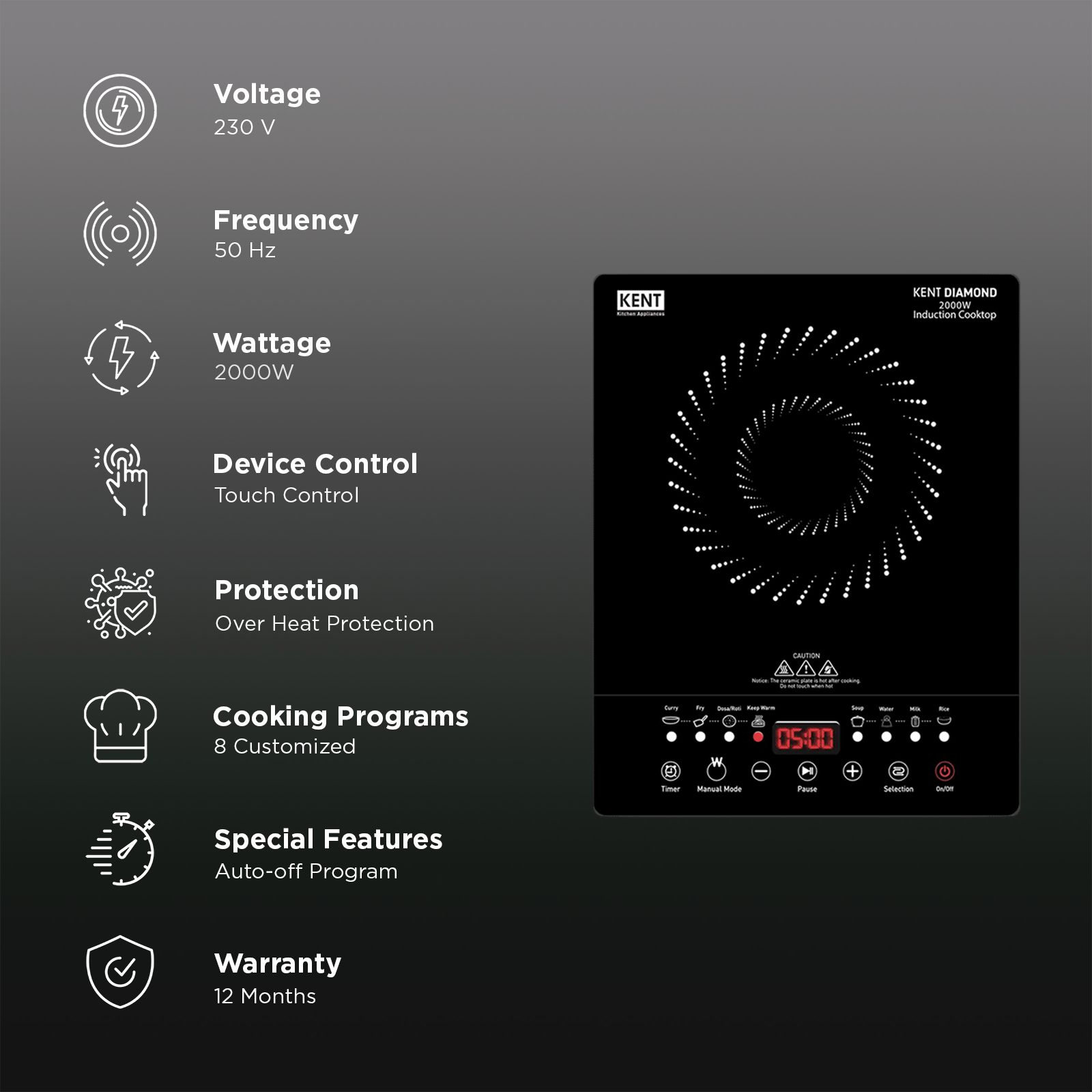 KENT Diamond 2000W Induction Cooktop with 8 Preset Menus KENT Diamond 2000W Induction Cooktop with 8 Preset Menus_3