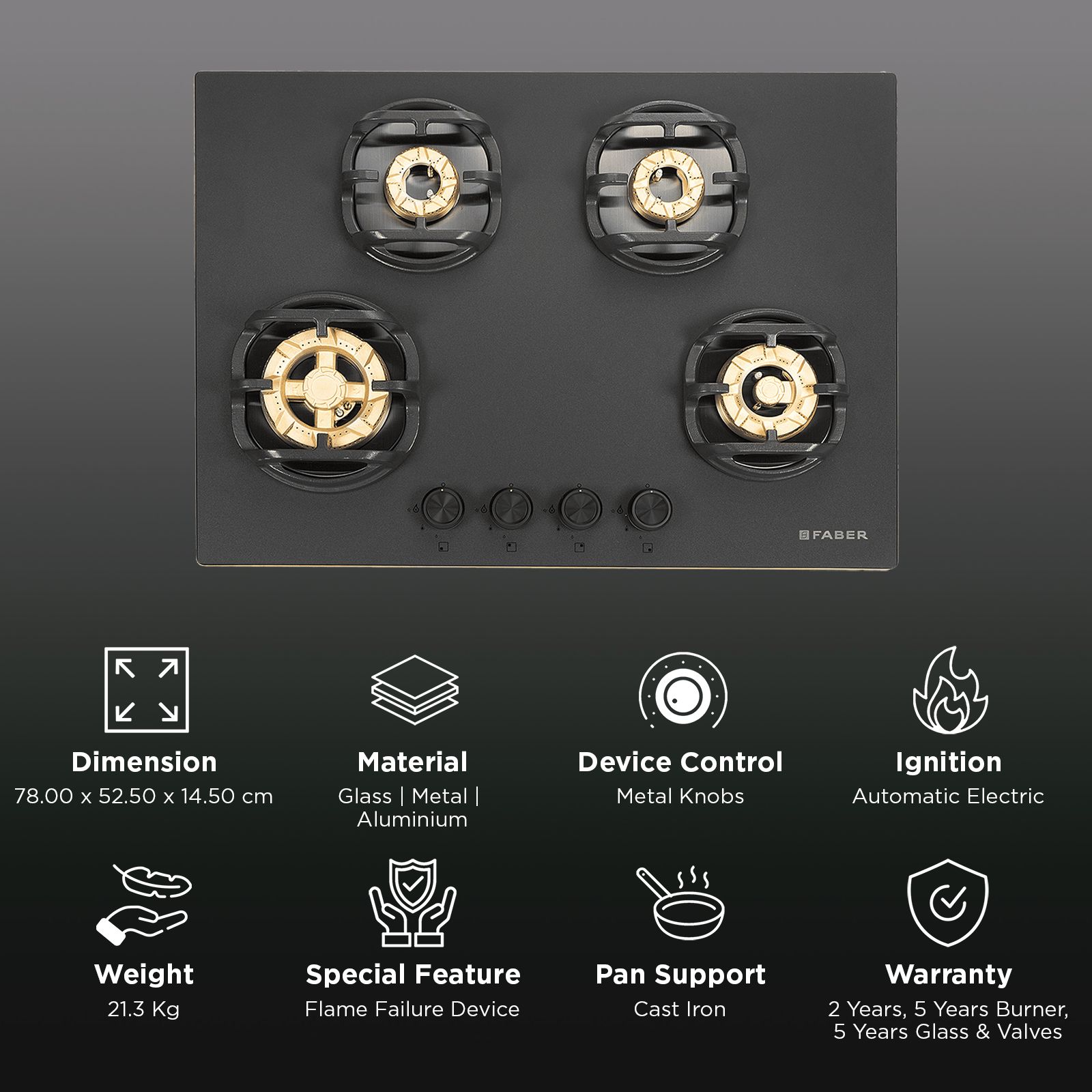 Faber Verona IND HD784 CI FFD AI Glass Top 4 Burner Automatic Hob (3D Flame Technology, Matt Black & Gold)_3