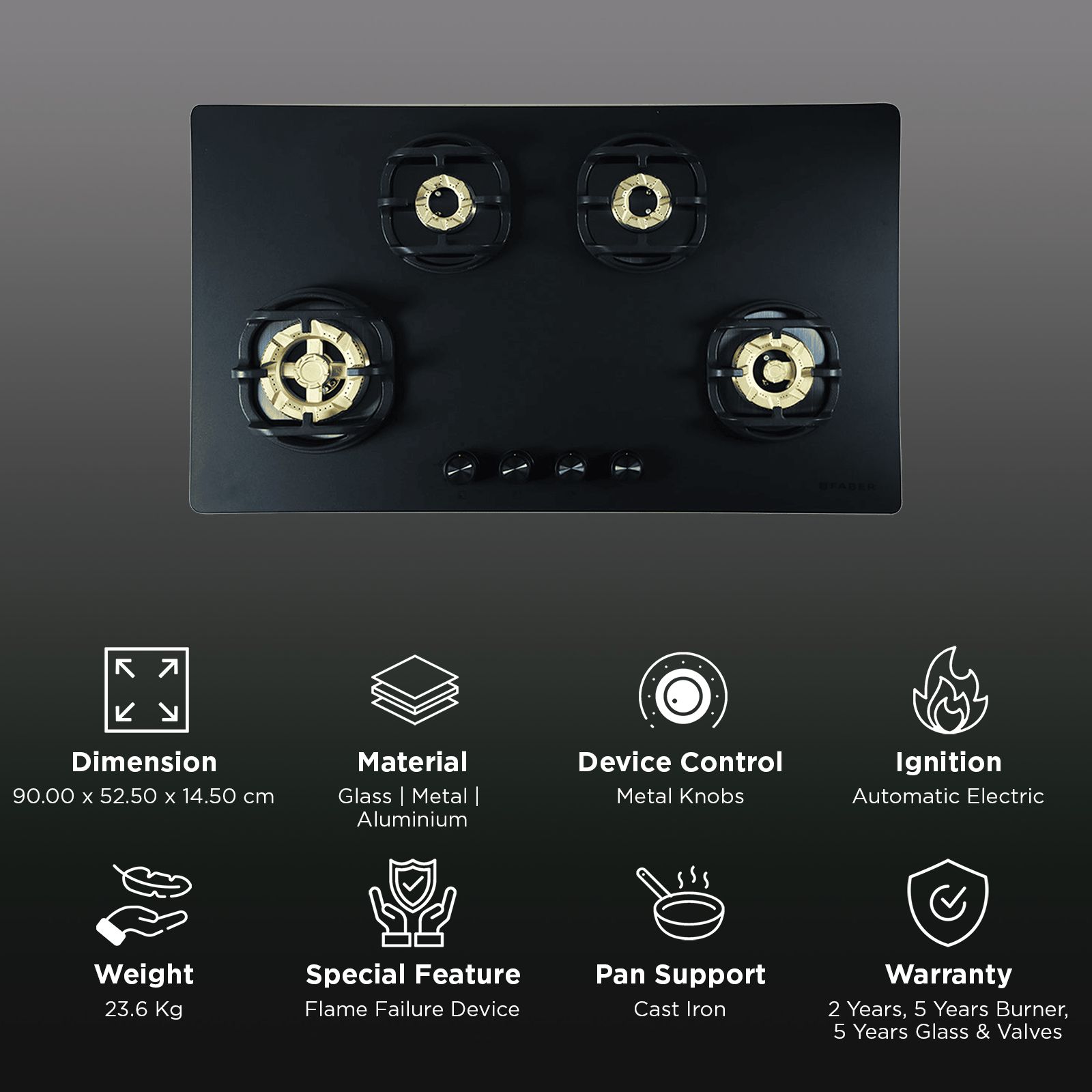 Faber Verona HD904 CI FFD AI Glass Top 4 Burner Automatic Hob (3D Flame Technology, Matt Black & Gold)_3