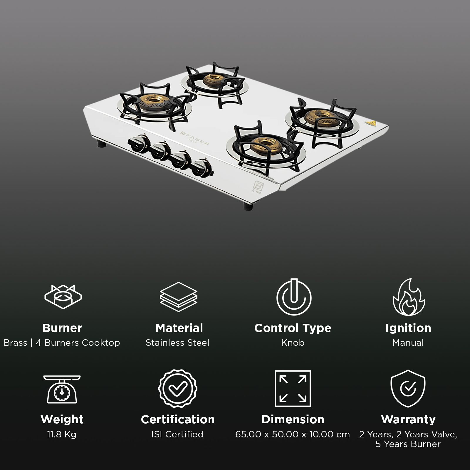 Faber Hilux Max DX 4BB SS 4 Burner Manual Hob (360 Degree Revolving Nozzle, Silver)_3