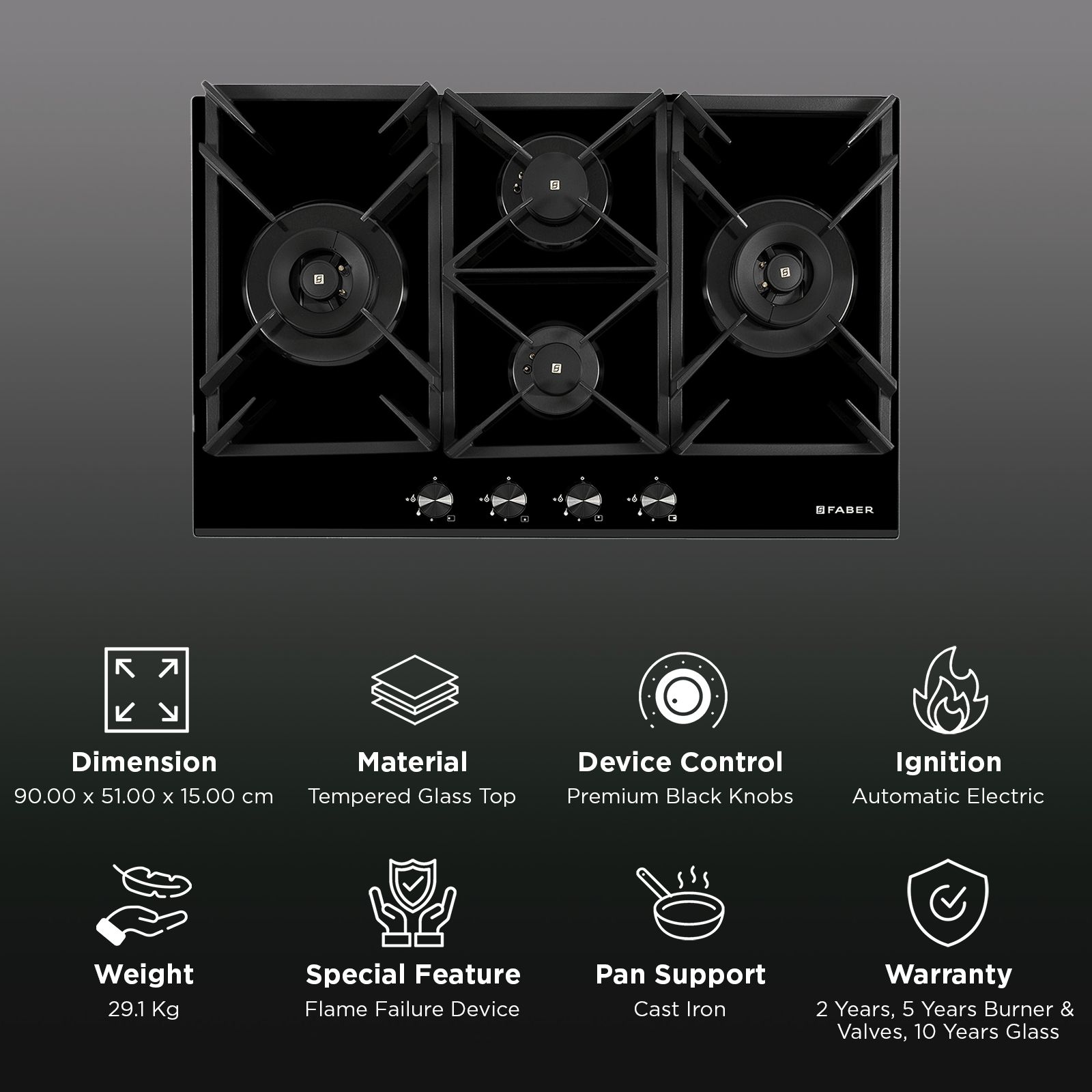 Faber INSPIRIA 904 BR AI FFD GL PNG Tempered Glass Top 4 Burners Automatic Hob (Flame Failure Device, Black)_3