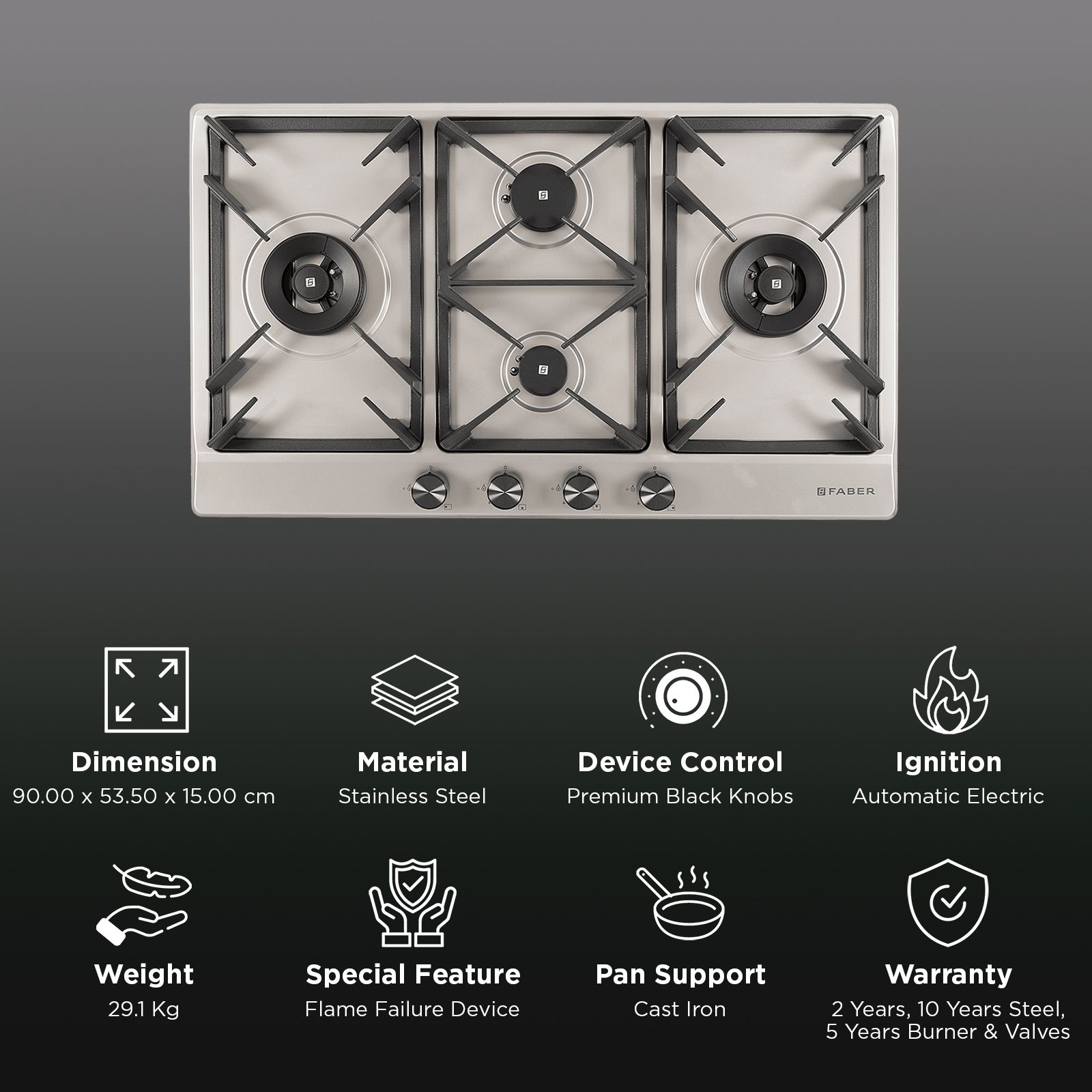 Faber INSPIRIA 904 BR AI FFD SS PNG 4 Burner Automatic Hob (Flame Failure Device, Silver) Faber INSPIRIA 904 BR AI FFD SS PNG 4 Burner Automatic Hob (Flame Failure Device, Silver)_3