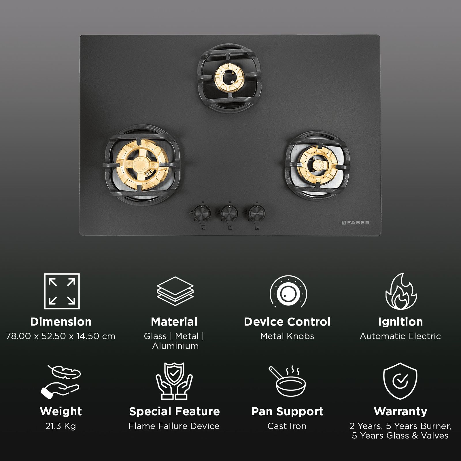 Faber Verona HD783 CI FFD AI Glass Top 3 Burner Automatic Hob (3D Flame Technology, Matt Black & Gold) Faber Verona HD783 CI FFD AI Glass Top 3 Burner Automatic Hob (3D Flame Technology, Matt Black & Gold)_3