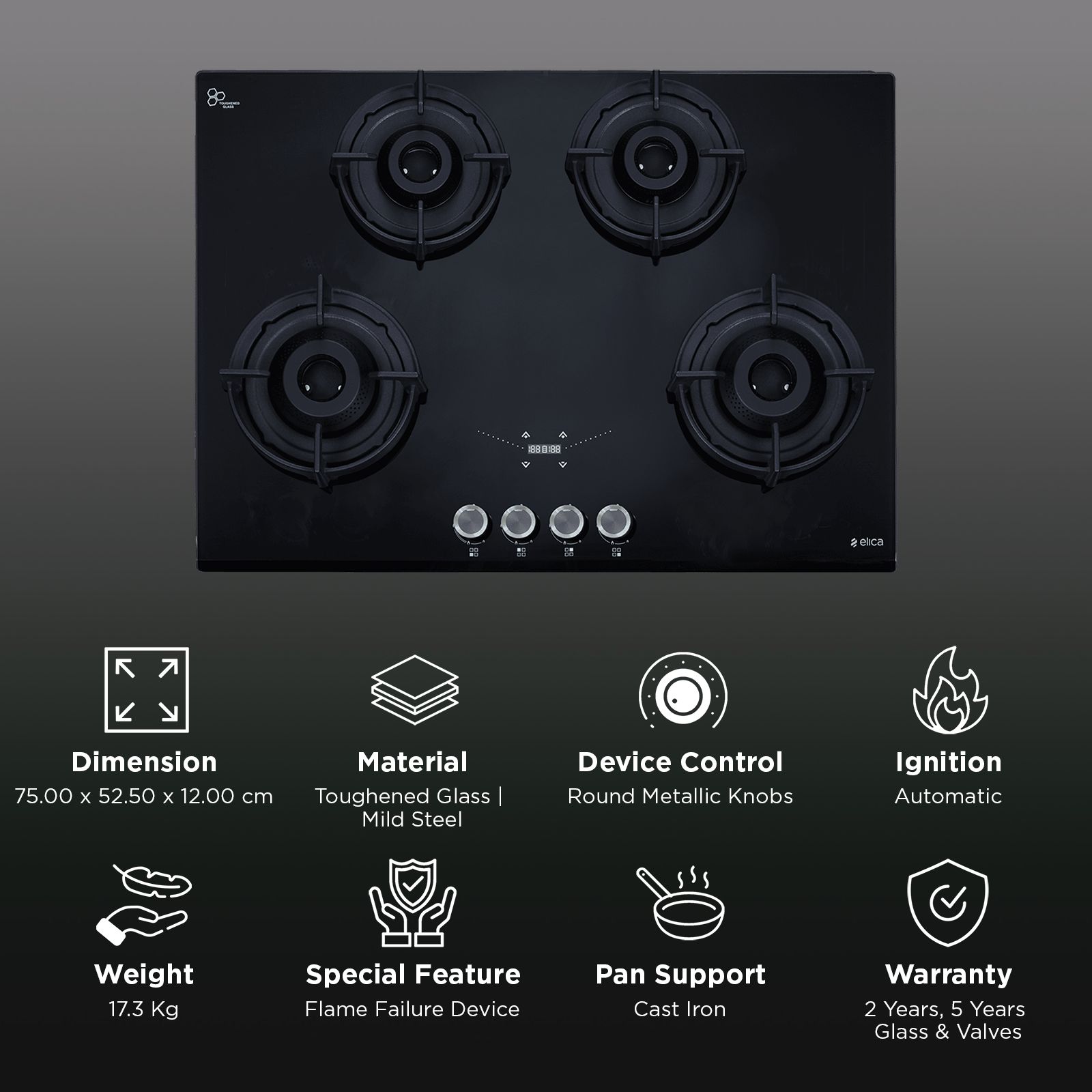 elica FLEXI TC 475 LOTUS IND HD BRASS FFD Toughened Glass Top 4 Burner Automatic Hob (Flame Failure Device, Black) elica FLEXI TC 475 LOTUS IND HD BRASS FFD Toughened Glass Top 4 Burner Automatic Hob (Flame Failure Device, Black)_3