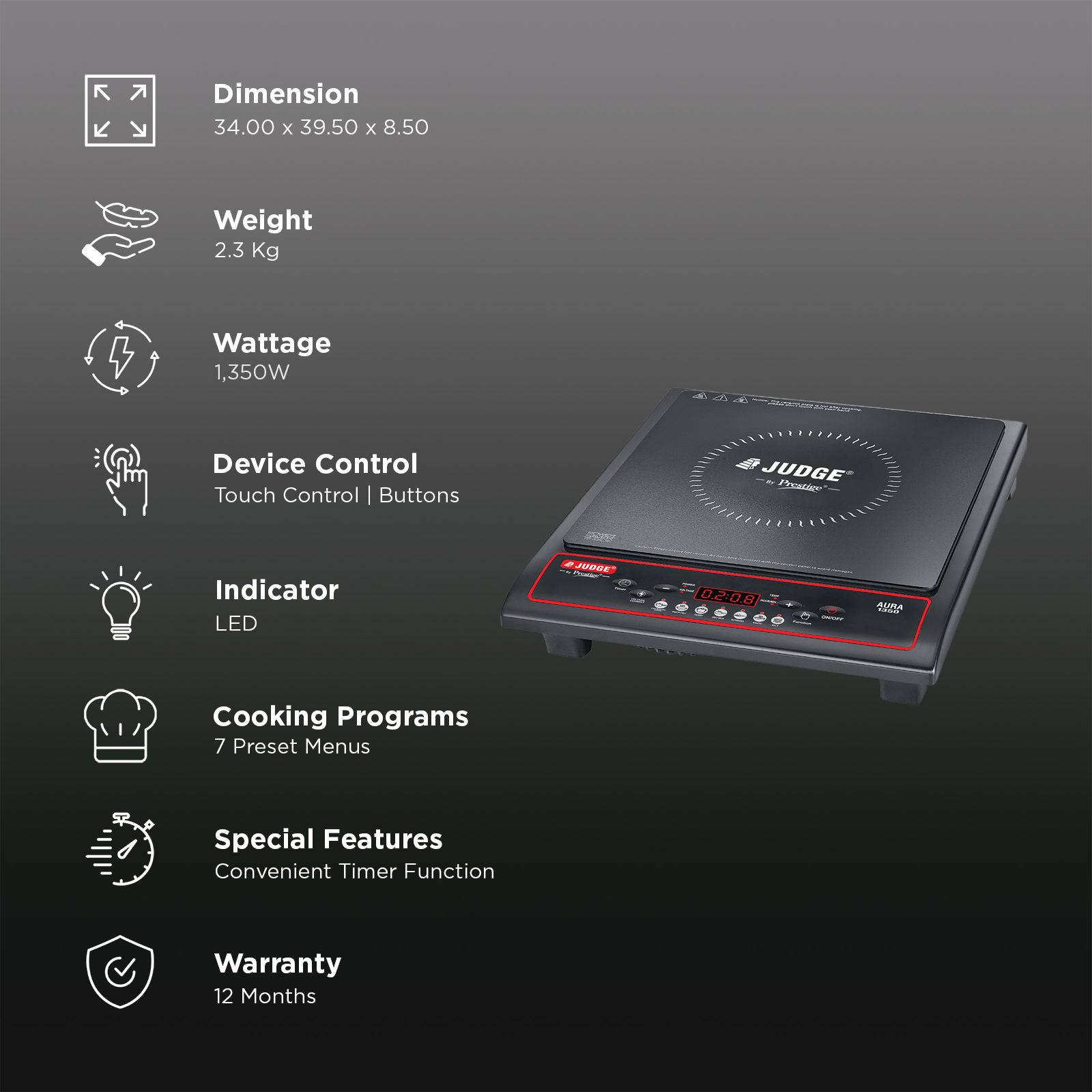 JUDGE By Prestige Aura 1350W Induction Cooktop with 7 Preset Menus_3