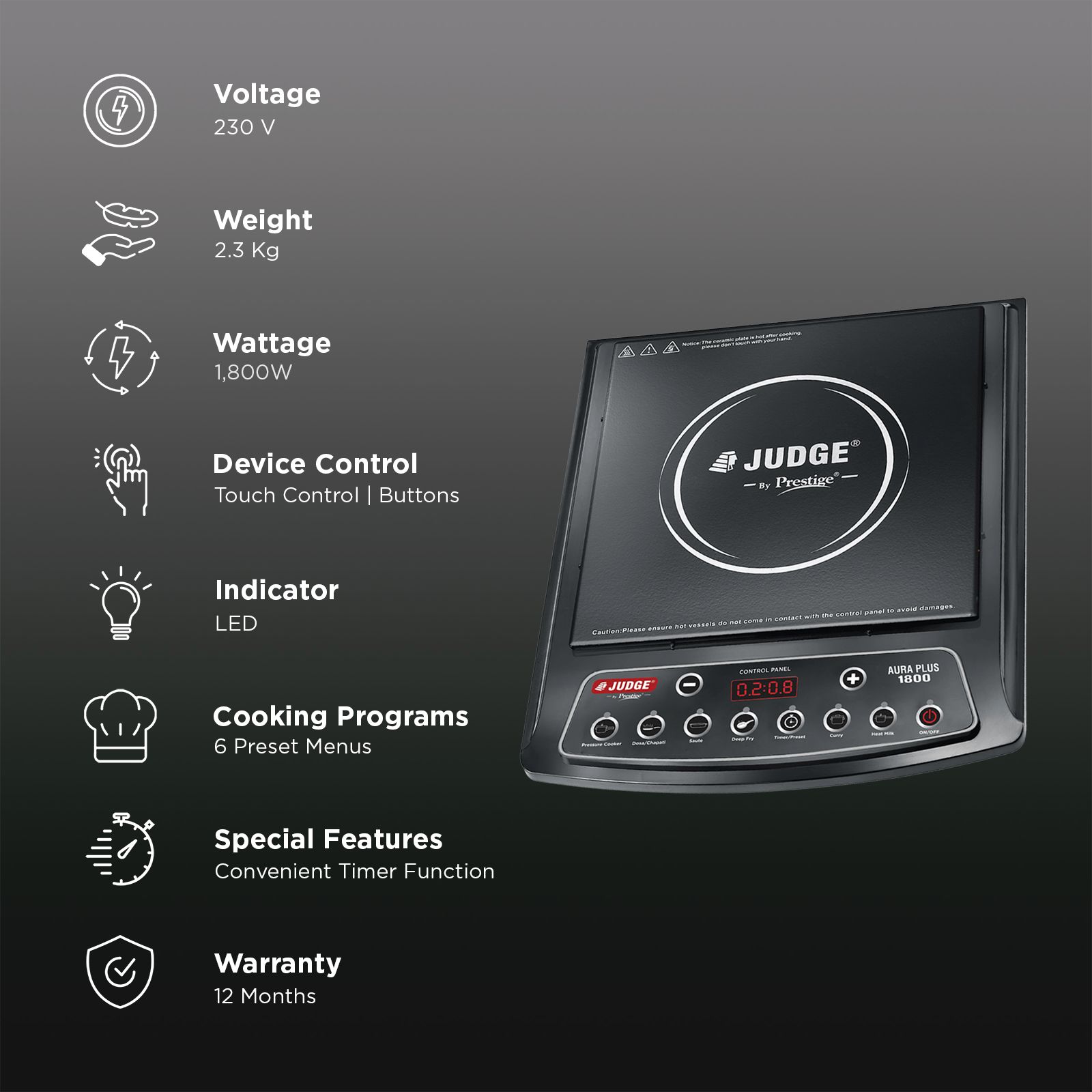 JUDGE By Prestige Aura Plus 1800W Induction Cooktop with 6 Preset Menus JUDGE By Prestige Aura Plus 1800W Induction Cooktop with 6 Preset Menus_3