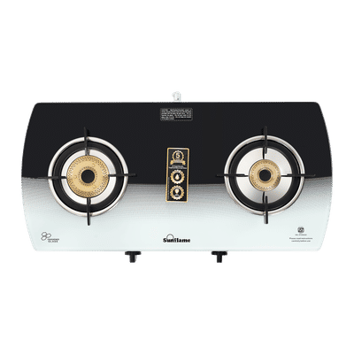 Sunflame SGM 2B BK Toughened Glass Top 2 Burners Manual Gas Stove (Double Drip Trays, Black and White)