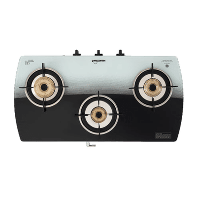 Sunflame SGM 3B BK Toughened Glass Top 3 Burners Manual Gas Stove (Double Drip Trays, Black and White)