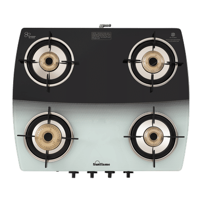 Sunflame SGM 4B BK Toughened Glass Top 4 Burners Manual Gas Stove (Double Drip Trays, Black and White)