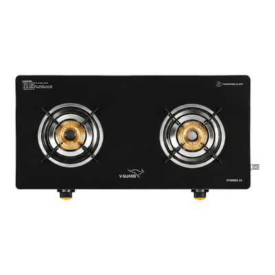 V-GUARD STURDEE 2A Toughened Glass Top 2 Burner Manual Gas Stove (Fuel Efficient High Density Brass Burners, Black)