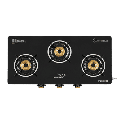 V-GUARD STURDEE 3C Toughened Glass Top 3 Burner Manual Gas Stove (Fuel Efficient High Density Brass Burners, Black)
