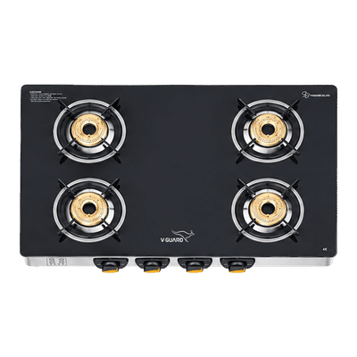 V-GUARD VGS 4E Toughened Glass Top 4 Burner Manual Gas Stove (High Density Brass Burners, Black & Silver)