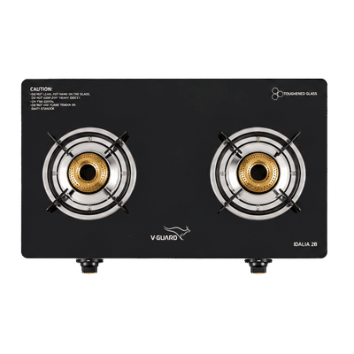V-GUARD IDALIA 2B Toughened Glass Top 2 Burner Manual Gas Stove (Fuel Efficient High Density Brass Burner, Black)