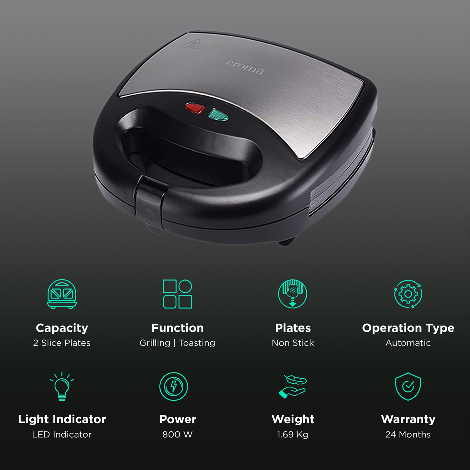 Croma 800W 2 Slice 3-in-1 Sandwich Maker with Automatic Operation (Black) Croma 800W 2 Slice 3-in-1 Sandwich Maker with Automatic Operation (Black)_3