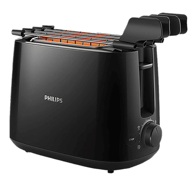 PHILIPS Daily Collection 650W 2 Slice Pop-Up Toaster with Integrated Bun Rack (Black)
